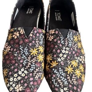 TOMS Black Floral Canvas Slip-On Flats with Yellow & Pink Accents